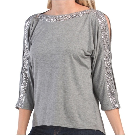Cable & Gauge Gray Silver Sequin Blouse Dolman Open Slit Sleeve Size XS - Picture 1 of 14